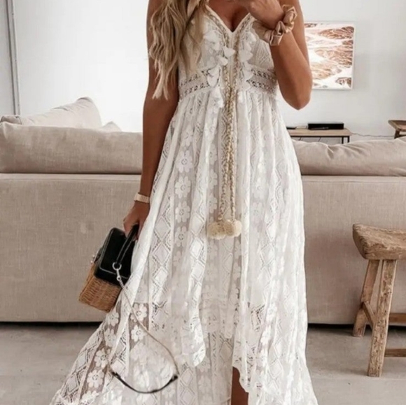 Boho Spaghetti Strap Sexy V-neck Lace Hem Maxi Swing Sundress Vacation Beachwear - Picture 4 of 6